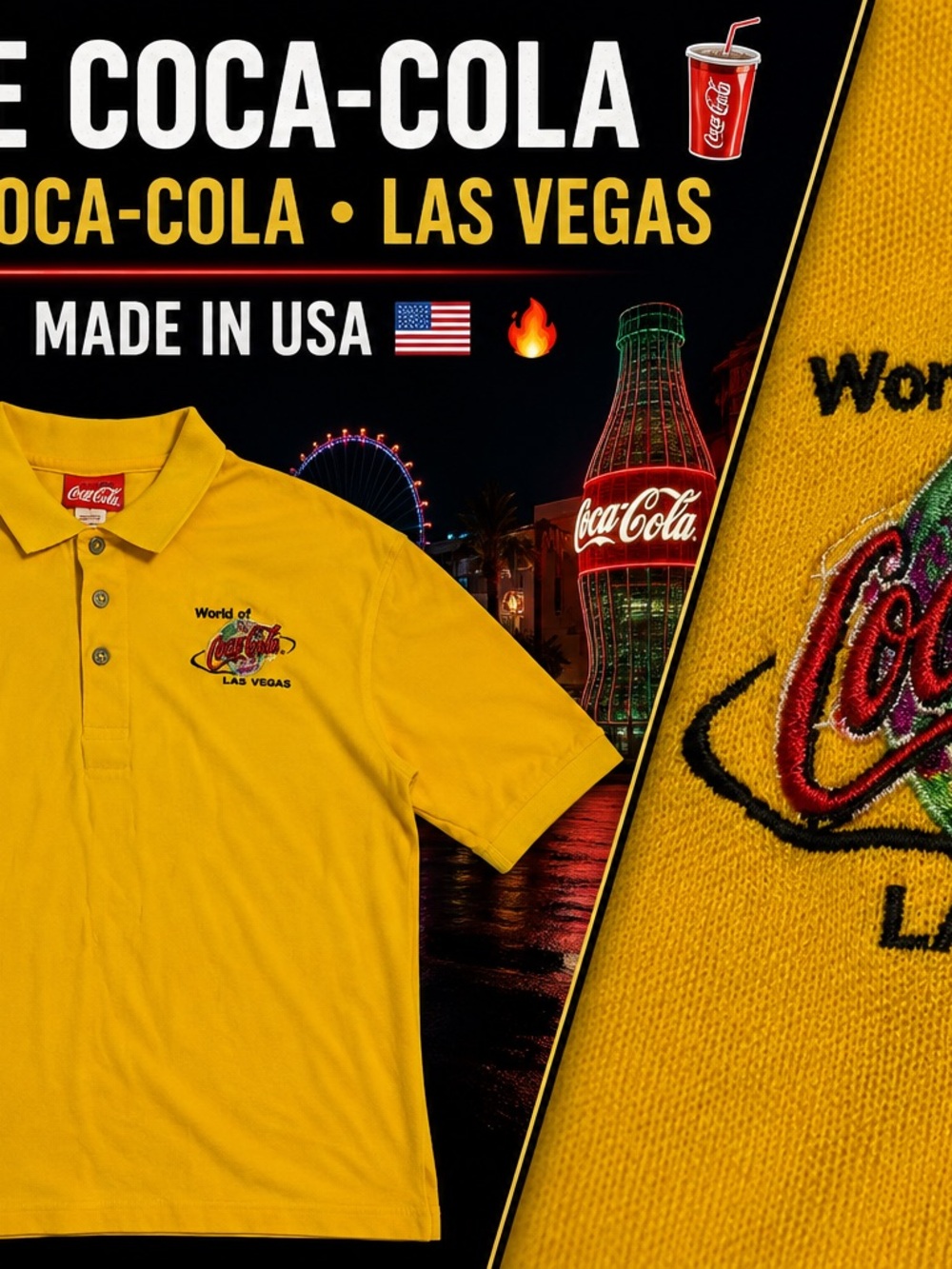 Vintage Coca Cola World Las Vegas Polo Shirt Mens L Made USA Embroidered Yellow